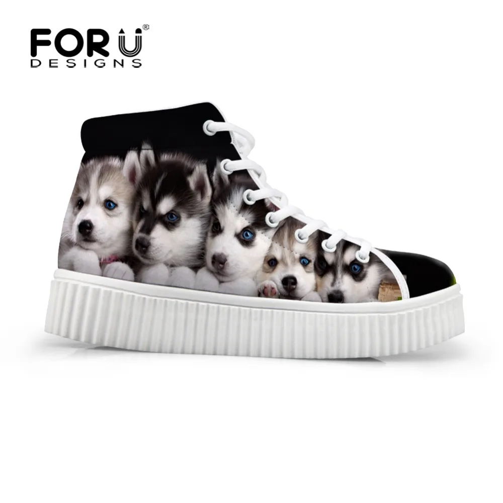 Fashion Women Shoes High Heels Animal Husky Dog Pattern Flat Platform