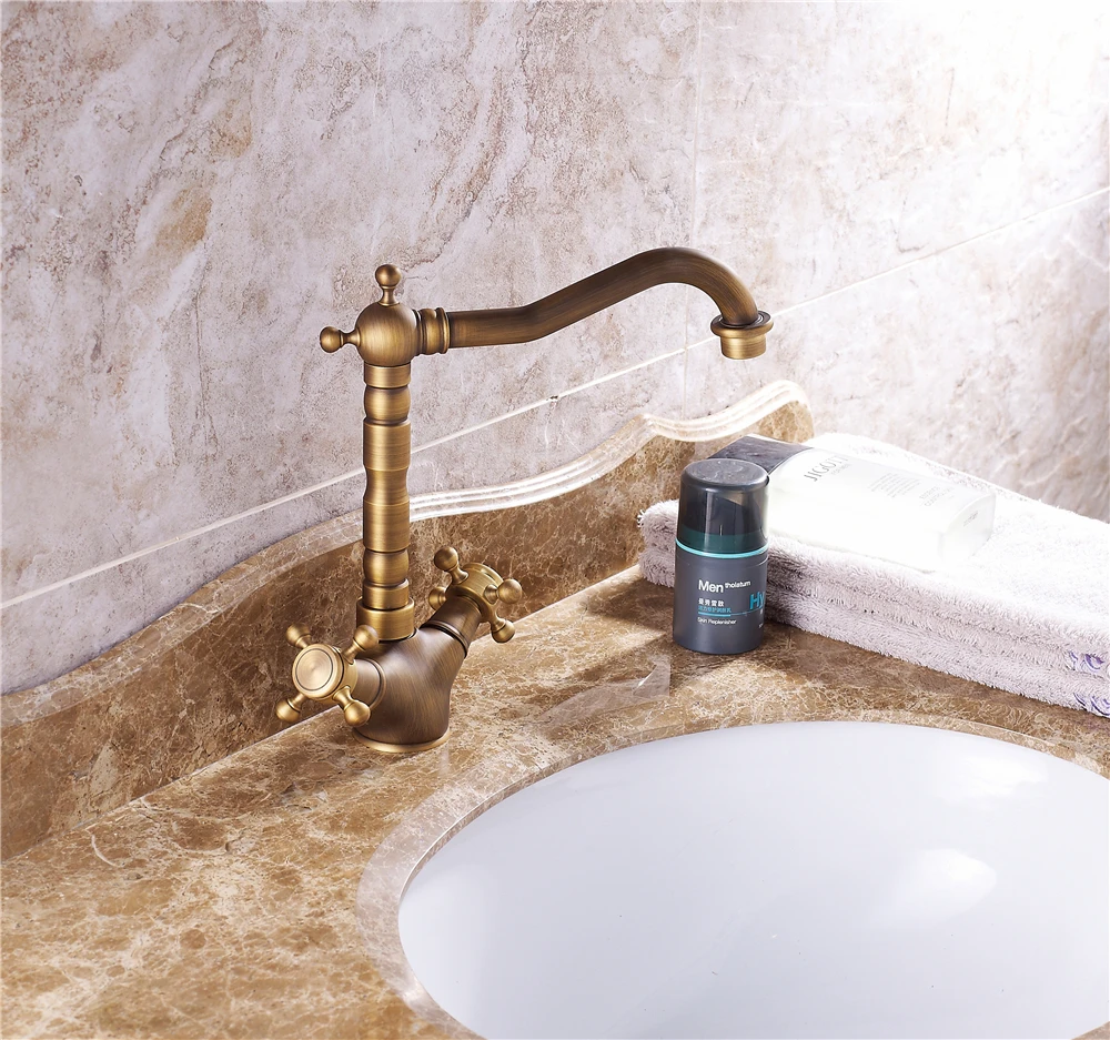 

Copper Faucet Antique Faucet Bathroom Kitchen Single Hole Under Counter Basin Faucet Spiral Double Handle Hot And Cold Faucet