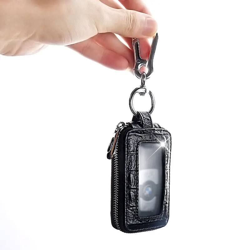 

Men Genuine Leather Car Key Wallet Crocodile Pattern Black Mini Bag with Hook Simple Classic Design for Remote Control Car Key