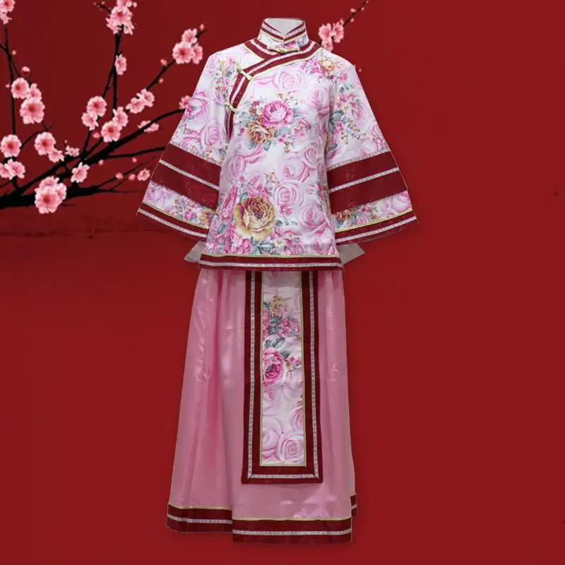Древнюю молодой леди одежда с цветочным принтом женские сценическое Костюмы китайский Hanfu 2 шт. Косплэй костюм драматургического платье