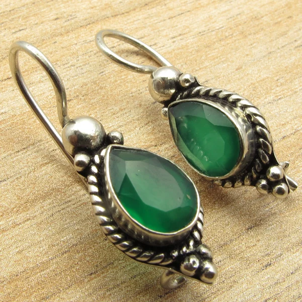 

Natural GREEN ONYX Perfect Earrings ! Silver Overlay VINTAGE STYLE Jewelry