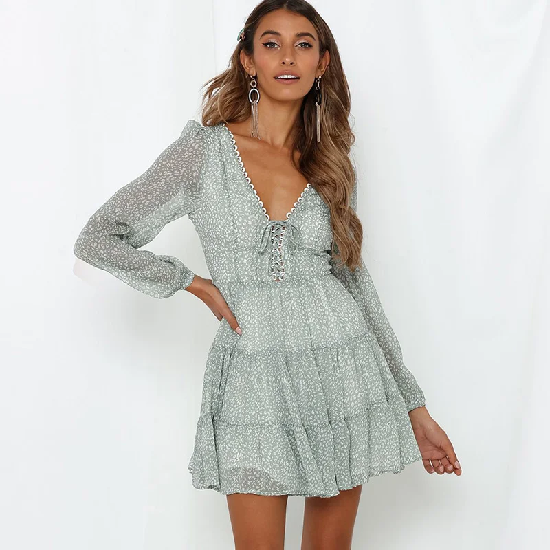 

Leopard Dress Women Sexy Deep V Neck Lace Up Long Sleeve Dress Ruffle Frill Trim A Line Casual Mini Dress Ladies Dresses Clothes