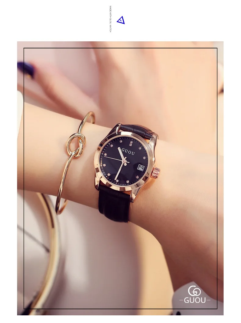 GUOU, женские часы, модные, современные, бриллиантовые часы, элегантные, кожа, Авто Дата, женские часы, часы, relojes mujer, relogio feminino - Цвет: black