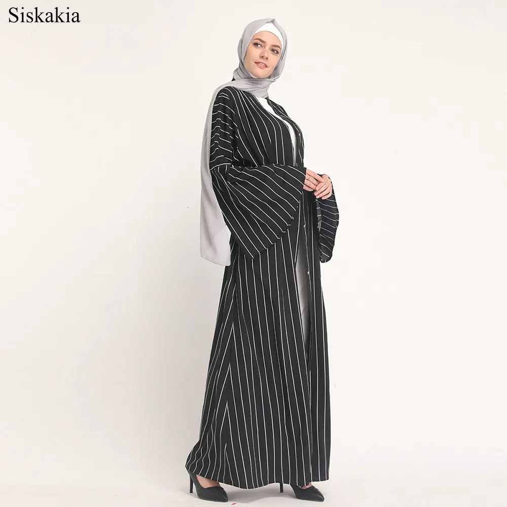 Siskakia Muslim Elegant Stripe Patchwork Single breasted Cardigan Robe Abaya Women Eid High Waist Flare Sleeve Slim Sashes Abaya (3)