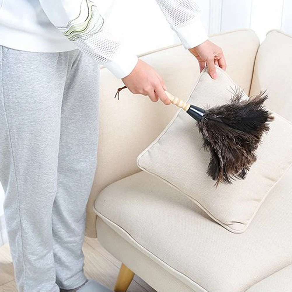 32 X 25cm Natural Feather Duster Brush Wood Handle Anti static Cleaning