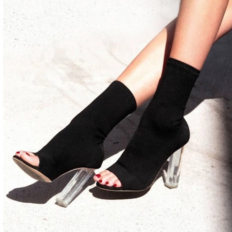

Teahoo 2018 Transparent Heels Sock Boots Women Peep Toe Stretch Slim High Heels Ankle Boots for Women Trendy Design Shoes Woman