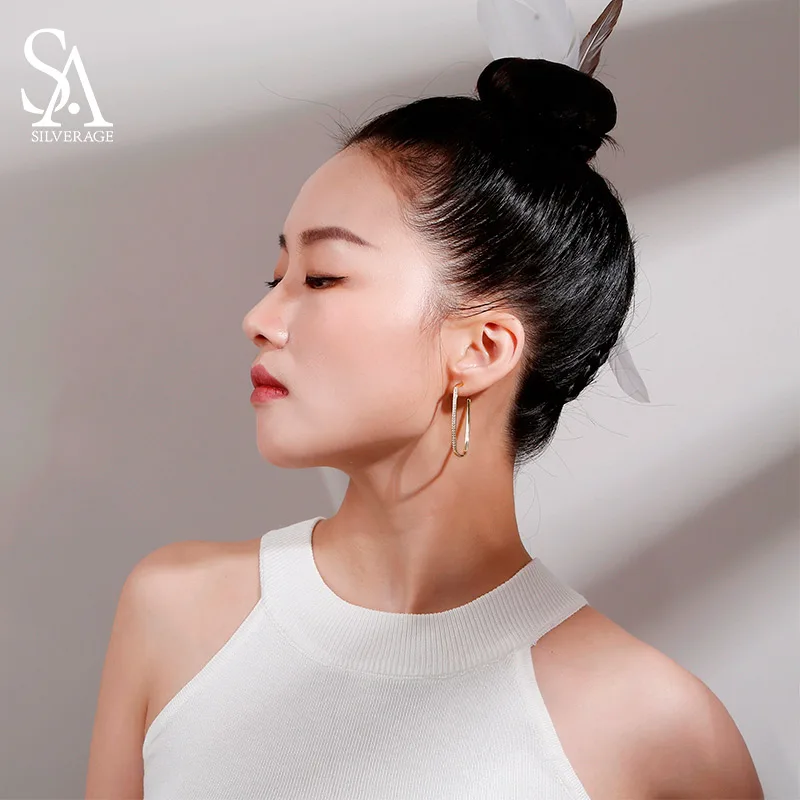 

SA SILVERAGE 925 Sterling Silver 14K Gold Plated Hoop Earrings for Women AAA Zirconia Hanging Earrings Silver Long Earrings
