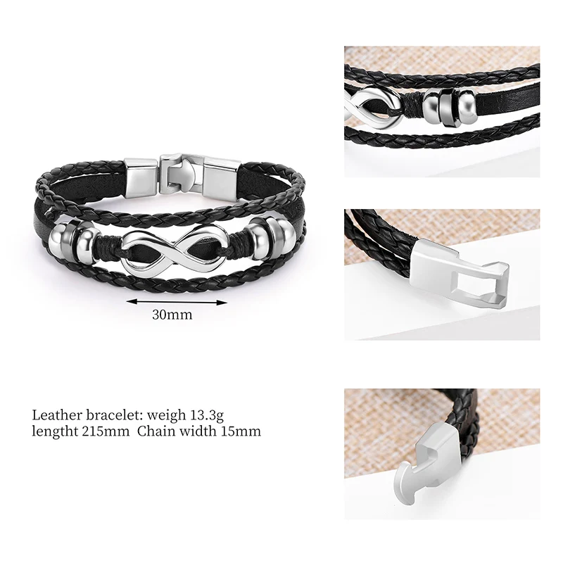 Модный черный Многоэтажный кожаный браслет, мужской браслет из искусственной кожи, с плетением, браслет, браслеты, модная металлическая запонка, ювелирные изделия