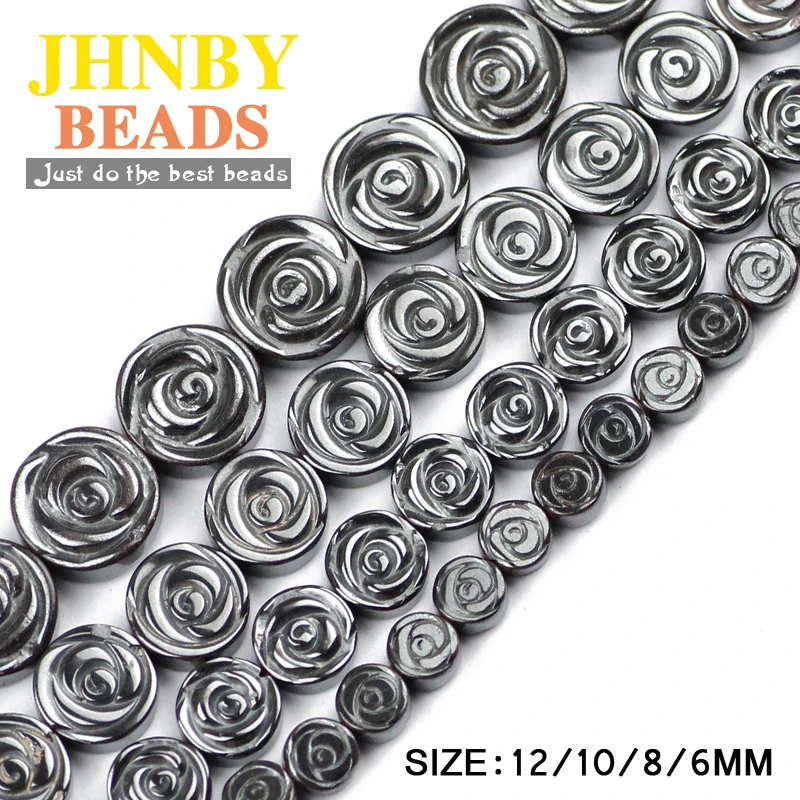 

JHNBY AAA Roses Flowers Black Hematite 6/8/10/12MM Natural Stone Flat round Loose beads Jewelry bracelet Making DIY Accessories