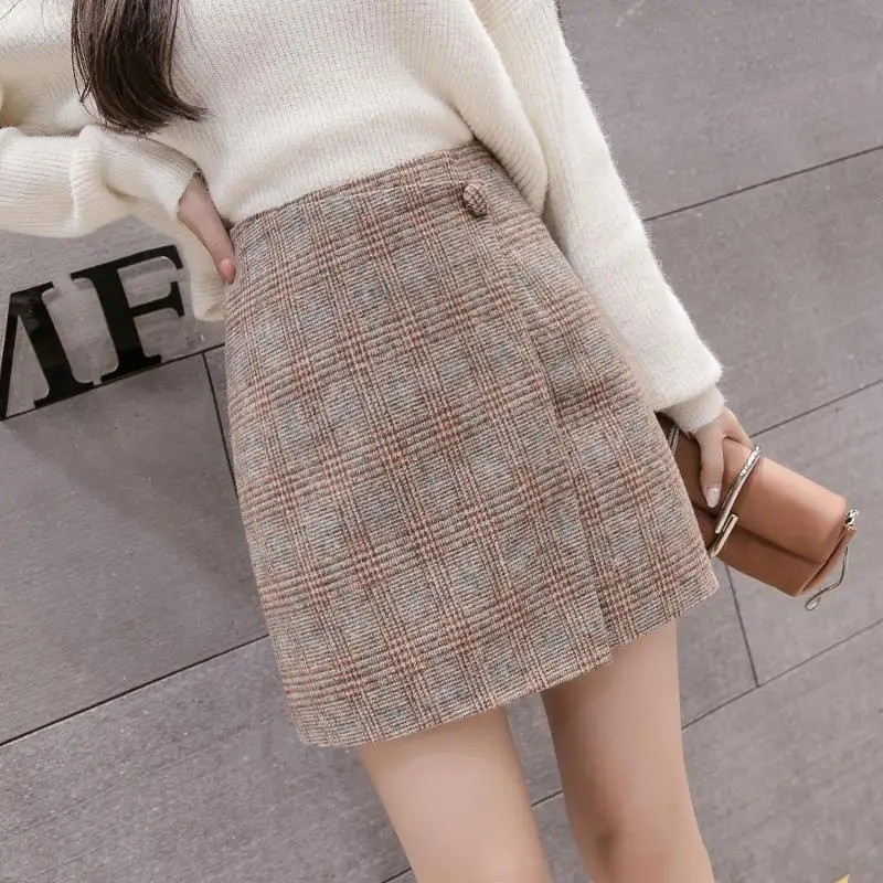 Spring Autumn Korean Retro Woolen Plaid Skirt For Women High Waist Slim Mini Skirts Fashion Sweet Ladies A-line Skirt Female - Цвет: Хаки