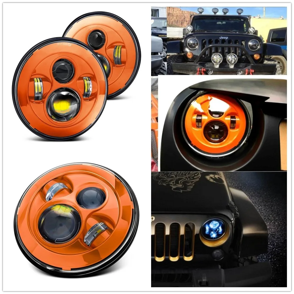Orange 7 Inch LED Headlight for Harley Davidson 7" Headlights for Jeep