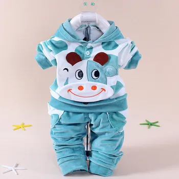 

YZXY 2016 Baby Girls Clothing Cartoon Kitty Rabbit Cow Newborn Boy Brand Velvet Hooide + Pants Twinset Kids Infant Sport Suit