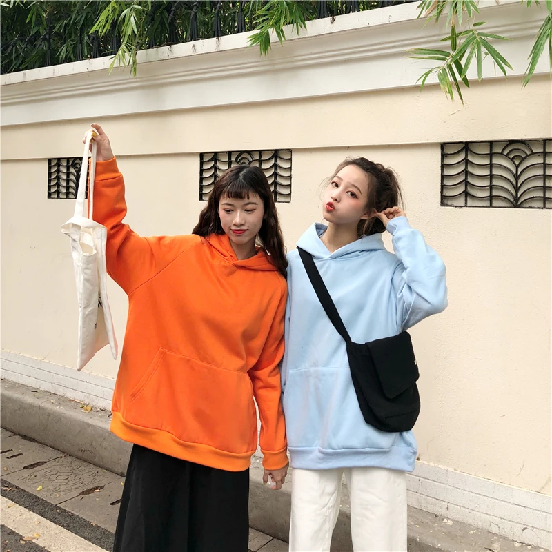 Толстовки женские с карманами для отдыха Kawaii однотонные универсальные топы с длинными рукавами женские s корейские толстовки Harajuku модные