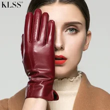 ^Cheap KLSS Brand Genuine Leather Women Gloves Autumn Winter Plus Velvet Fashion Elegant Lady Goatskin Glove For Driving NEW 33