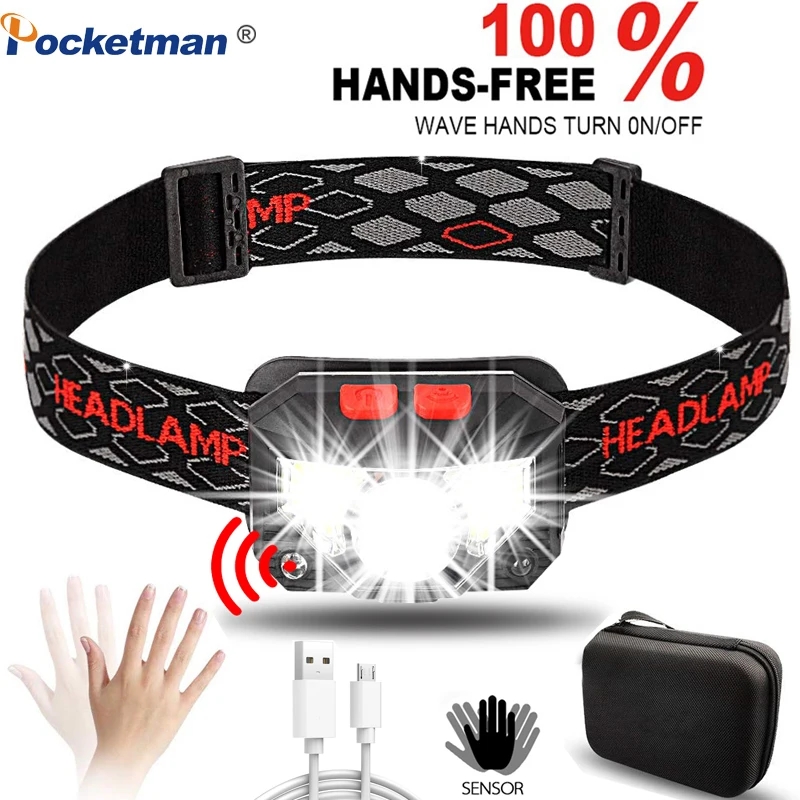 

10000Lms powerful LED headlamp headlight rechargeable with USB body motion sensor camping flashlight head lamp lights