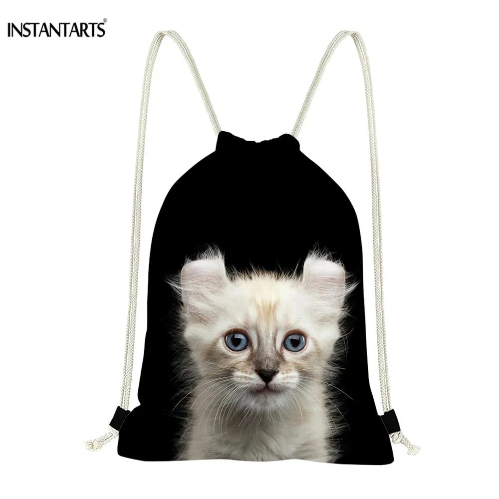INSTANTARTS Fashion Women Drawstring Bag Black Bag 3D Cat Kitty Print Storage Bag Soft Beach Bags