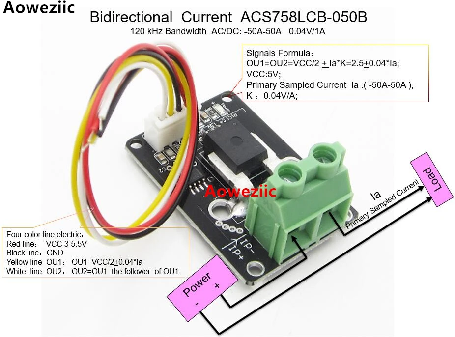Sensor de Corrente Largura de Banda Aoweziic Bidirecional dc Módulo Acs758lcb 050b Acs758lcb 050 Acs758 120 Khz Dc: 50 50a 0.04 V e 1a