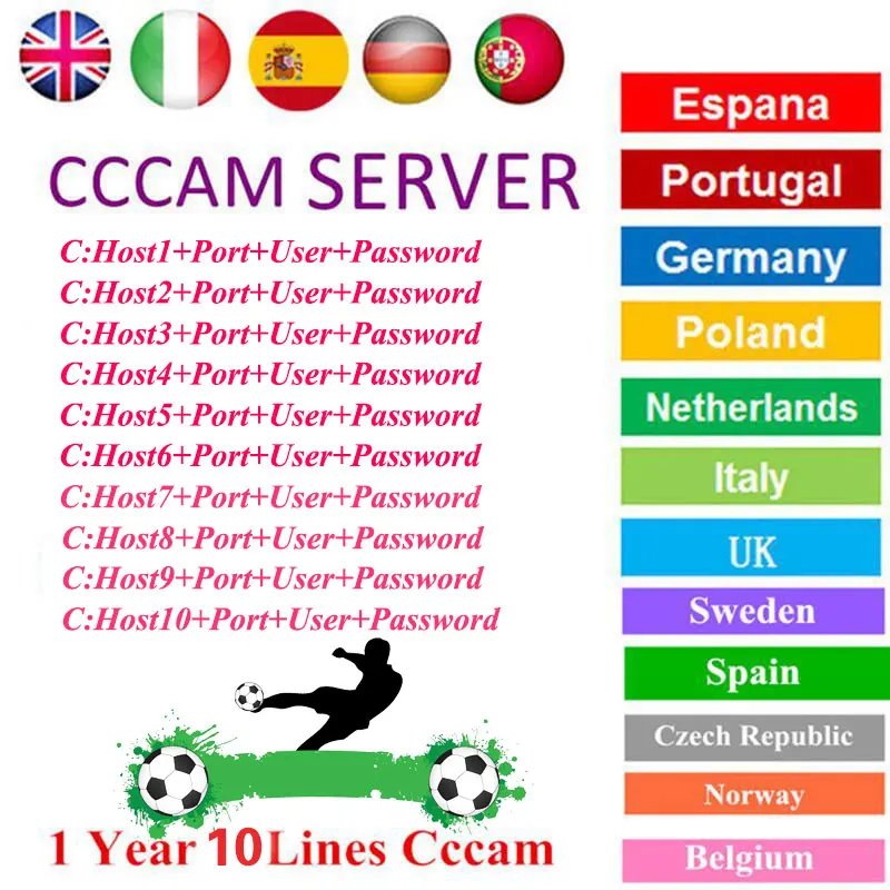 

Cccam 10 Cline for 1 Year 10 lines for Europe Spain Portugal Meo Italy UK Poland Germany CV for Satellite Receiver DVB Receptor