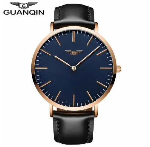 GUANQIN модный мужской роскошный бренд часов ультра тонкие кварцевые часы для мужчин простой водонепроницаемый кожаный ремешок наручные часы Relogio Masculino - Цвет: black gold blue