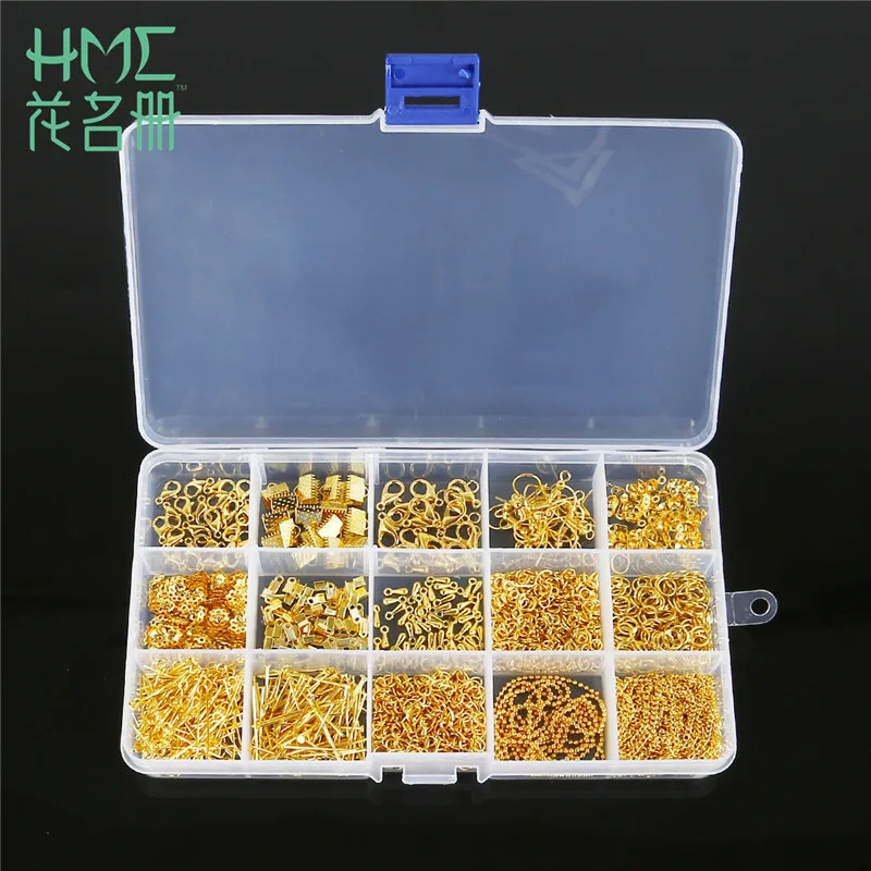 

Newest 1 Box 15 Grids Gold/Sliver Handmade Jewelry Findings Clothing Making Kit For DIY Jewelry Making Sewing Tools Accessories