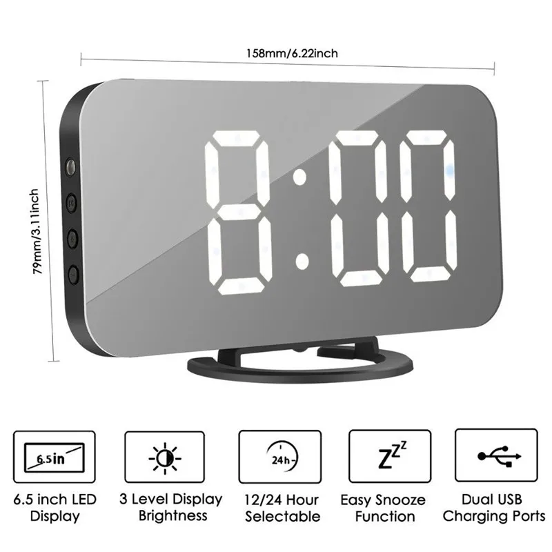 EN8813 6,5 pulgadas LED Digital recargable espejo reloj de alarma de repetición de alarma
