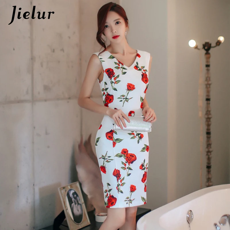 

Jielur Dresses Ladies Floral Printed Sexy Slim V Neck Summer Women Dress Hipster Street Abiti Donna Europe 2019 New Dress S-XL