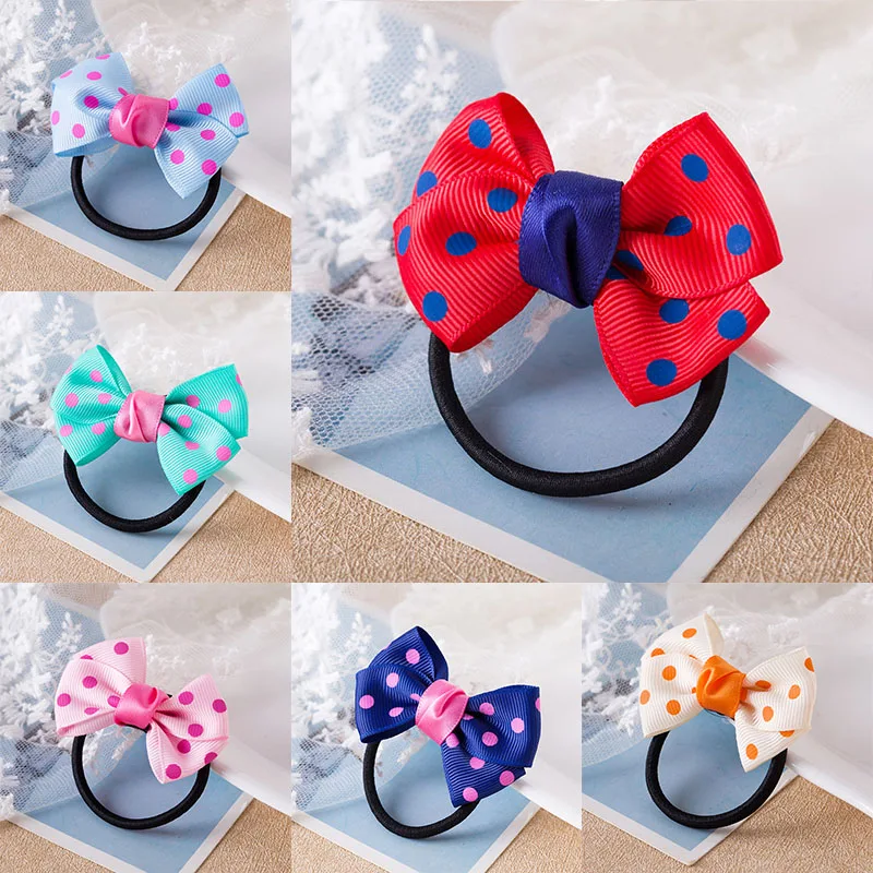 

Sale 1PC Korean Dots Bow Elastic Hair Rope For Girls Handmade Child Headband Red Blue Rope