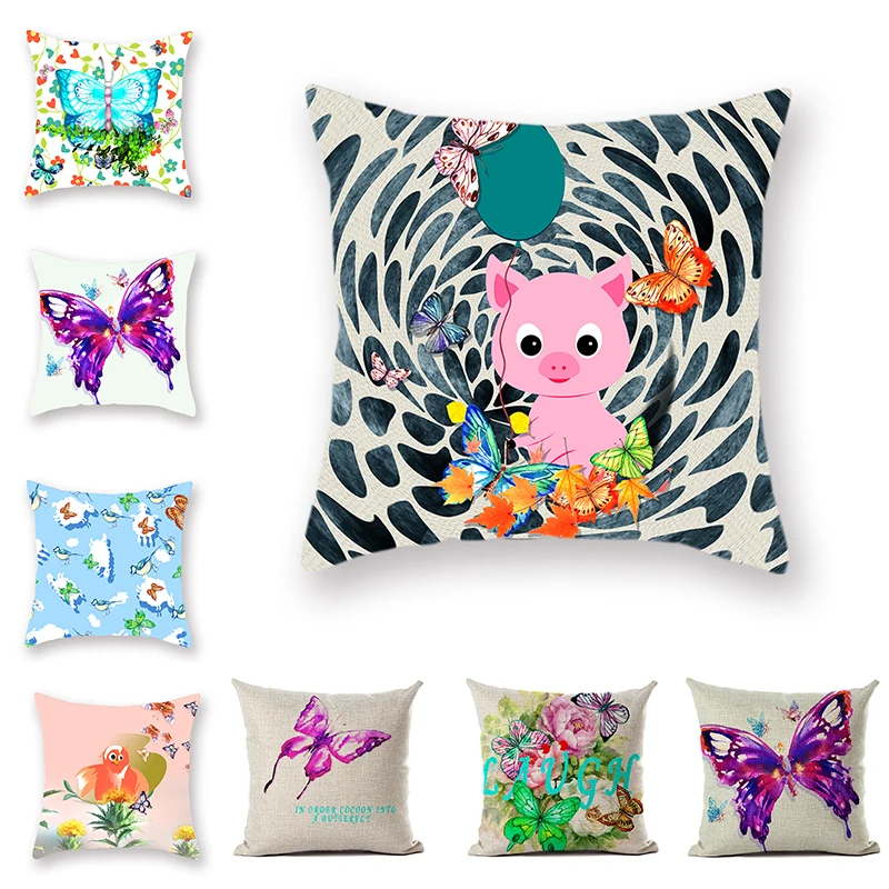 

Summer Minimalist Butterfly Cushion Covers Color Printed Pillowcase 18inx18in Home Polyester Linen Decorative Plaid Pillow