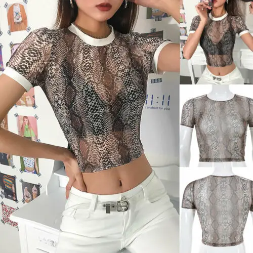 

2019 Women Snake Skin Mesh Net T-Shirt Short Sleeve Tee Tops Transparent T-Shirt