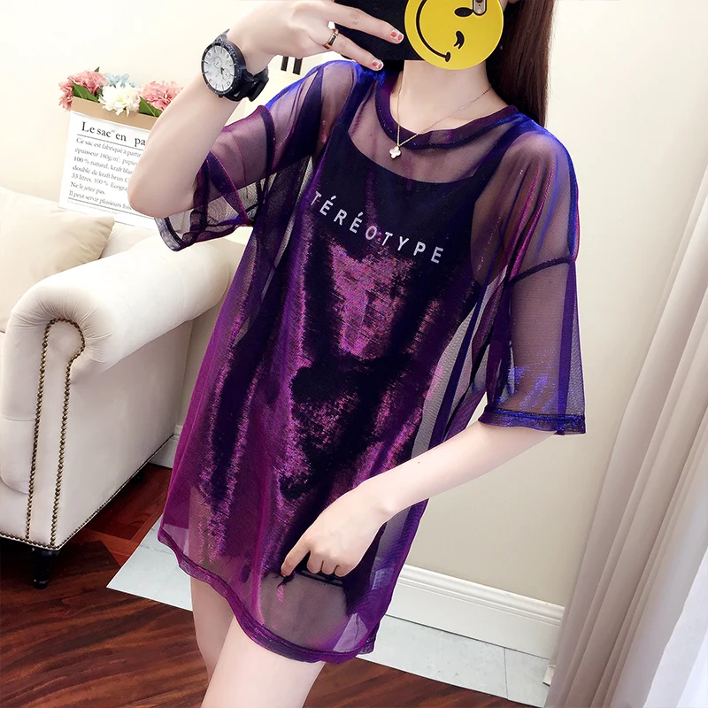 

2019 Summer 2 Pieces Set Women Purple T-shirt Half Sleeve Casual Print Mesh Tees Korean Loose Tops Plus Size Women Clothing X756