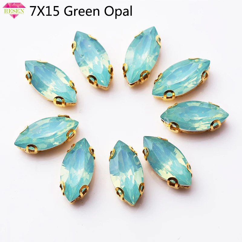

RESEN 50pcs/pack Green Opal 7x15mm Horse Eye Resin Sew On Stone Plastic Rhinestones With Claw Settings Navette Stone Accessories
