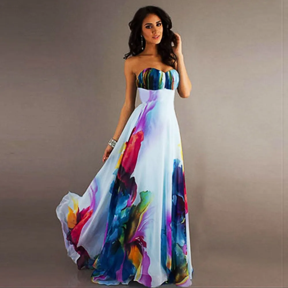 

Female Summer 2019 Flower Printed Sleeveless Party Chiffon Dress Off Shoulder Club Dress Temperament Elegant Maxi Dress