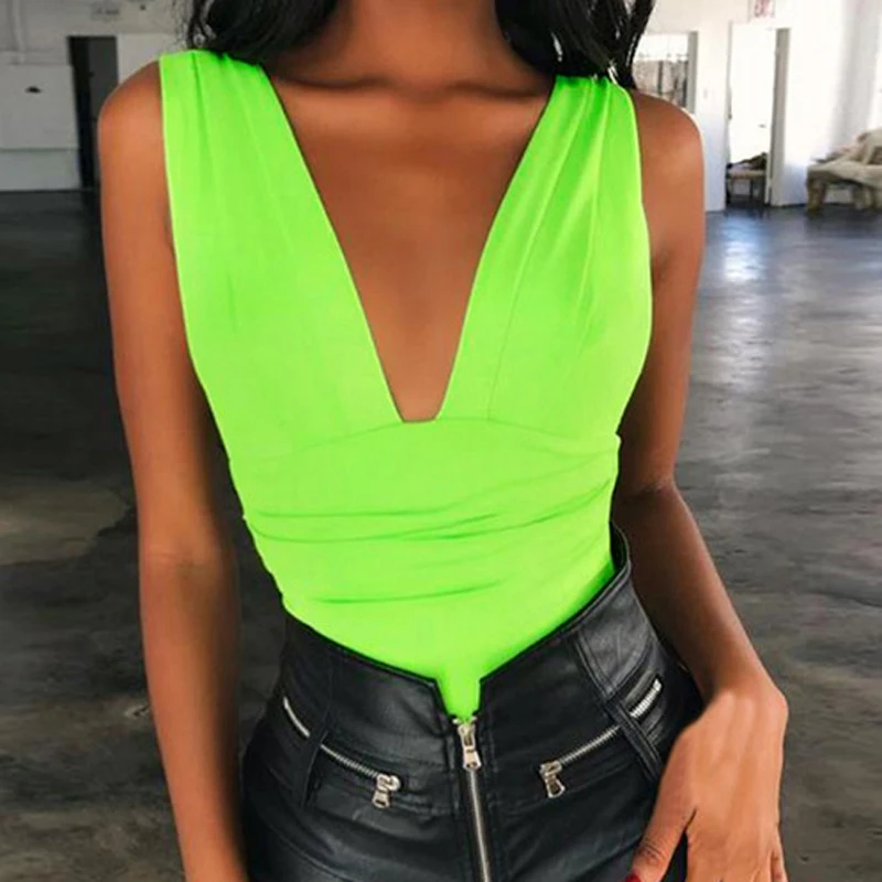 

Summer Fluorescent Green Bodysuits Sexy Club Bodycon Rompers Backless V-neck Spring Body Women Party Free Bust Tops PL0370M
