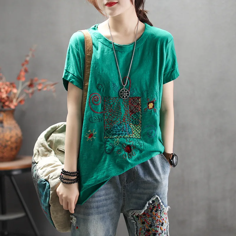 

QPFJQD Chinese Style Literary Embroidered Flower Top T Shirt Women Summer Round Neck Short Sleeve 2019 Ladies Basics Tshirt Tops