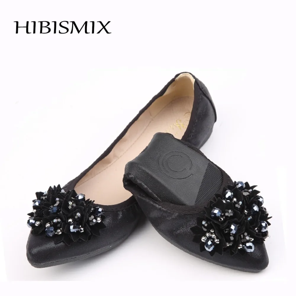 

HIBISMIX Women Flowers Ballet Flats 2018 Spring Sequined Cloth Pointed Toe Women's Casual Driving Shoes Ladies Fold Shoes 1064