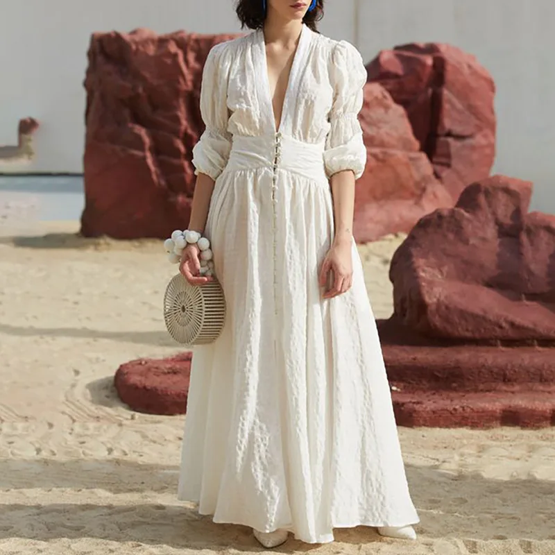 

High Quality 2019 Holiday Vocation V-neck White Short Sleeve Women Midi Dress with Sash