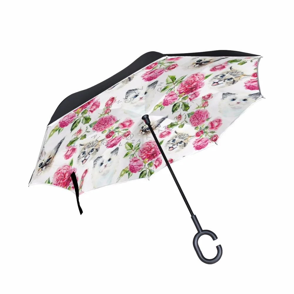 

Cat Inverted Umbrella Double Layer Printing Windproof C-Hook Hands Rain Car Large Reverse Umbrellas For Men/Women