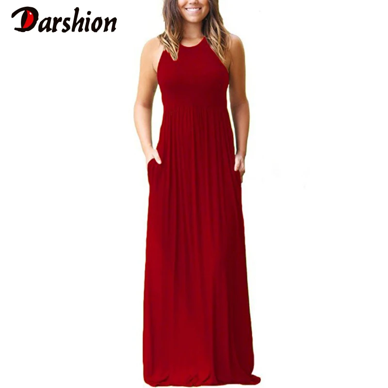 

Solid color sleeveless vest Women dress Pockets Sexy Boho Long Maxi Dress Ladies Femme Summer Dress 2019 vestidos de festa
