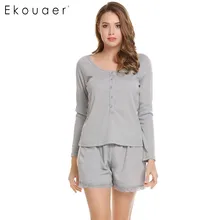 Ekouaer/комплект повседневной одежды для сна для женщин с круглым вырезом и длинными рукавами, однотонные топы и шорты с эластичной резинкой на талии, пижамные комплекты, осенние пижамы со шнуровкой