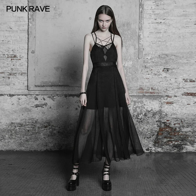 

New Punk Rave Goth Strapless Lace Chiffon Deep V Hollow Out Backless Sexy Women Dress OPQ347