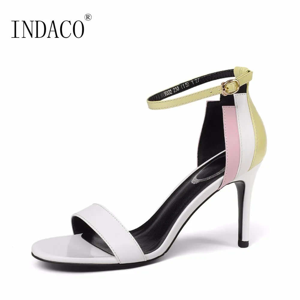 

INDACO Women Summer Sexy Ankle Strap Leather Sandals 2018 Thin High Heel Shoes 8.5cm Party Wedding Shoes