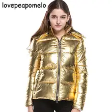 Осень-зима Женская Мода из металла Цвет Золотое перо хлопка с капюшоном с длинными рукавами Для женщин хлопковое пальто D331