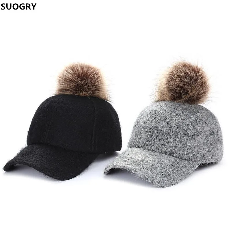 SUOGRY осенне-зимние модные шапки из полиэстера с меховым помпоном, фетровая бейсболка в стиле хип-хоп, Женская Толстая теплая шапка Snapback
