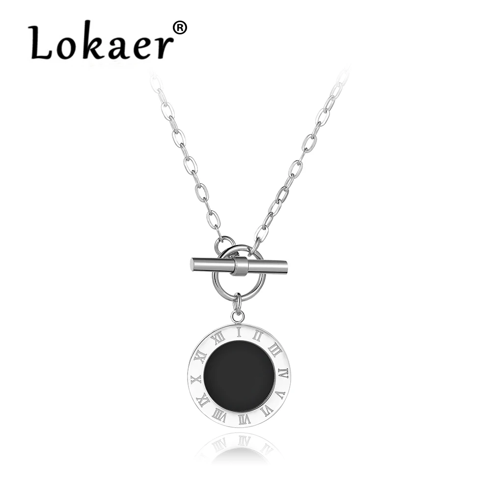 

Lokaer Classic Stainless Steel Fine Brand Jewelry Black Shell Roman Alphabet Pendant Neckalces Bridal Wedding Jewelry N18023