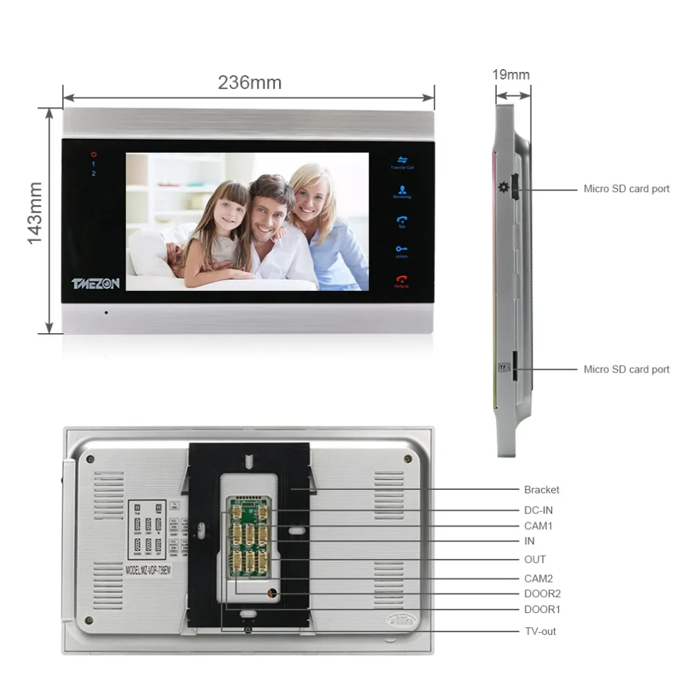 Tmezon Wired Video Door Phone System One 7" Color Monitor One 1200TVL Outdoor Doorbell Camera Waterproof Auto- IR Night Vision