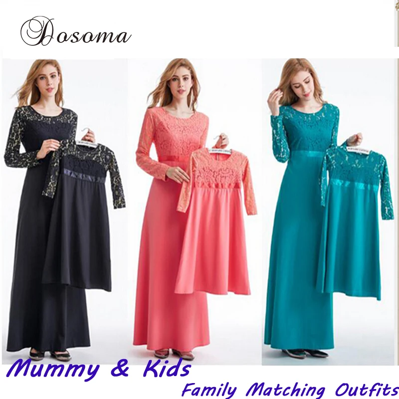 Muslim Abaya Dress Lace Robe Family Matching Outfits Ramadan Arab