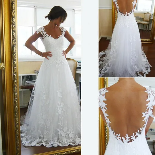 

Vintage Wedding Dresses 2018 Cap Sleeves Open Back Lace Tulle A-Line Bridal Wedding Gowns Bride Vestidos De Novia Wed Reception