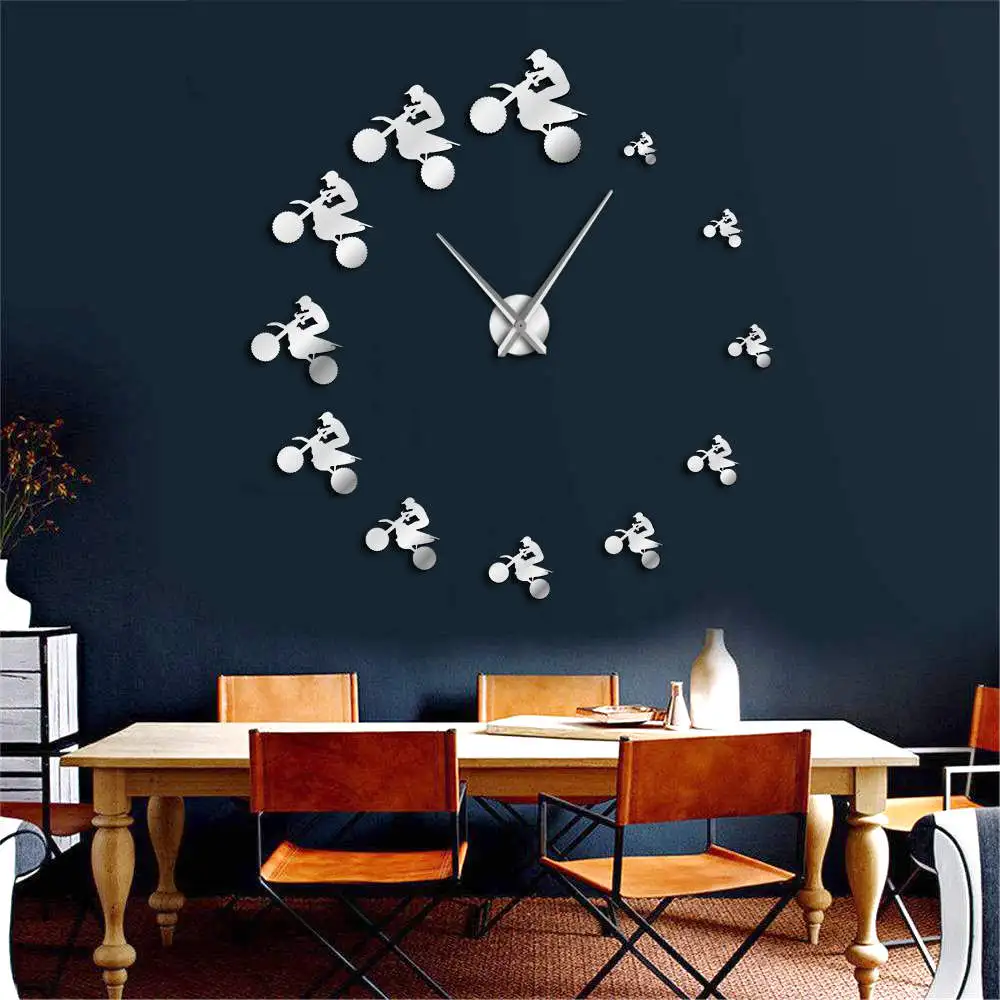 

1Piece Dirt Bike Riders DIY Large Wall Clock Extreme Sports Aerial Dirt Bike Wall Clock 3D Mirror Effect Wall Sticker Wall Watch