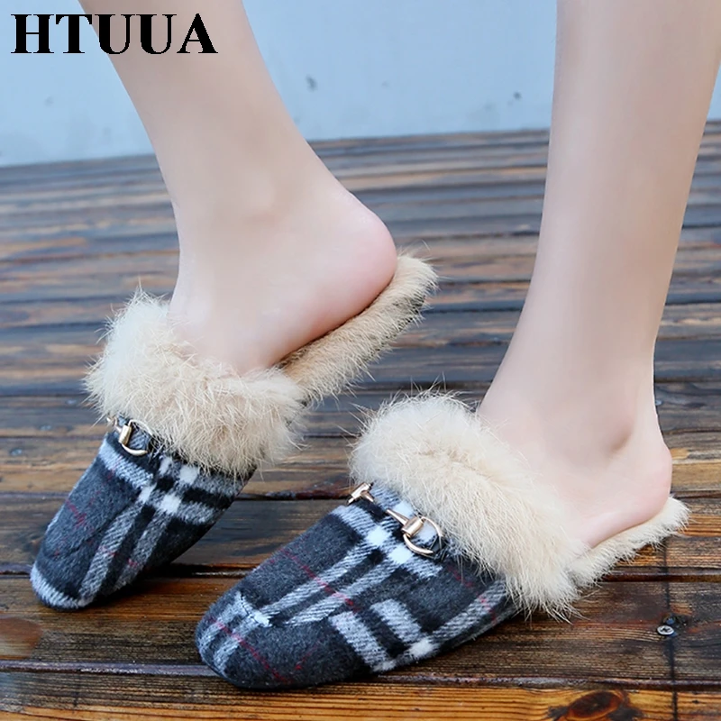 HTUUA Brand Slipper Women Flat Mules Shoes Fluffy Furry Plaid Street Fashion Outdoor Home