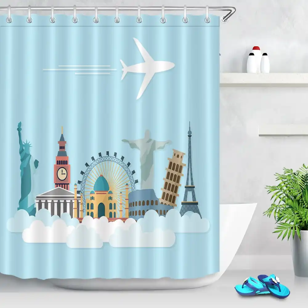 Lb Funny Travel Architecture White Aircraft Shower Curtain Landscape Light Blue Bathroom Waterproof Fabric For Kid Bathtub Decor Shower Curtains Aliexpress